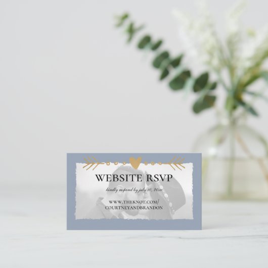 Dusty Blue Moderne Foto Goud Hart Website RSVP Informatiekaartje (Staand voorkant)
