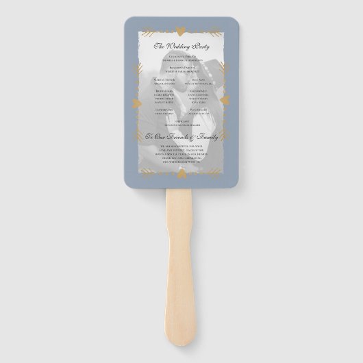 Dusty Blue Moderne Foto Gouden Hart Trouwprogramma Handwaaier (Achterkant)