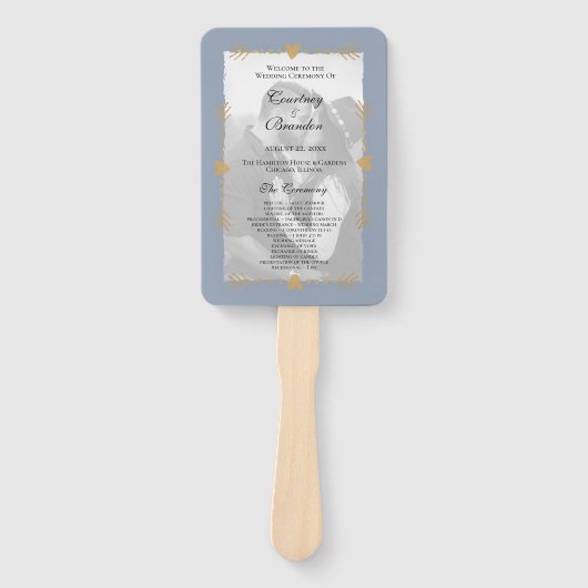 Dusty Blue Moderne Foto Gouden Hart Trouwprogramma Handwaaier (Voorkant)