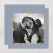 Dusty Blue Moderne Foto Gouden Harten Bruiloft Kaart (Voorkant / Achterkant)