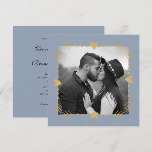 Dusty Blue Moderne Foto Gouden Harten Bruiloft Kaart (Voorkant / Achterkant)