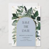 Dusty Blue, moderne groen botanische bladeren QR-c Save The Date (Voorkant)