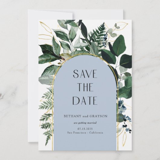Dusty Blue, moderne groen botanische bladeren QR-c Save The Date (Voorkant)