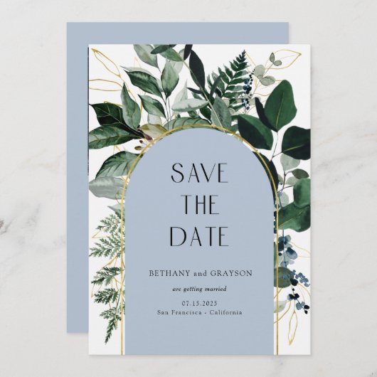 Dusty Blue, moderne groen botanische bladeren QR-c Save The Date (Voorkant / Achterkant)