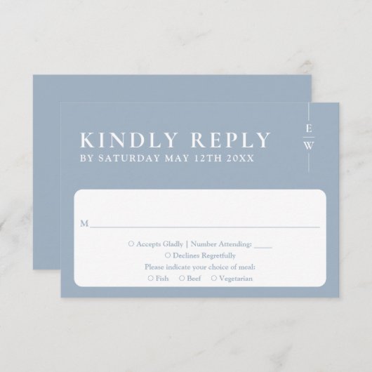 Dusty Blue Moderne Minimalistische Monogram Huweli RSVP Kaartje (Voorkant / Achterkant)