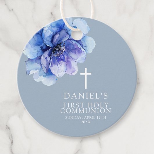 Dusty Blue Moderne Waterverf Bloemen Heilige Commu Bedankjes Labels (Voorkant)