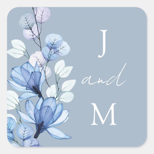 Dusty Blue Monogram Bloemen Huwelijksgunst Vierkante Sticker (Voorkant)