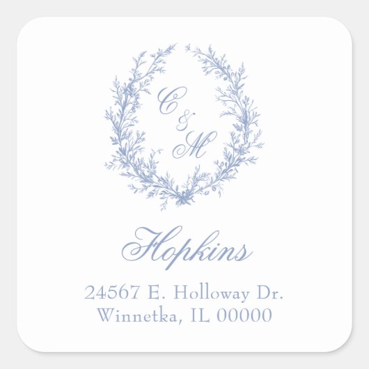 Dusty Blue Monogram Botanica Krans Retouradres Vierkante Sticker (Voorkant)