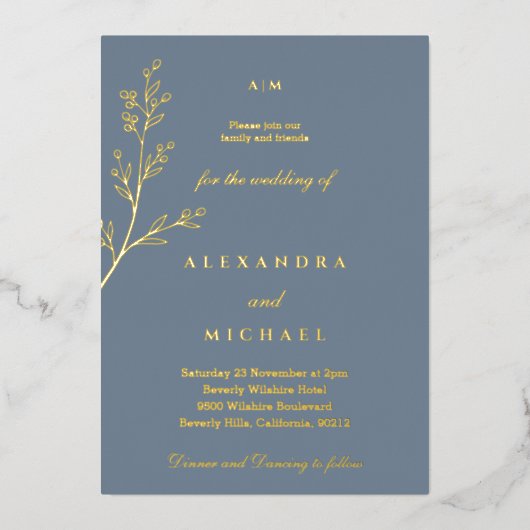 Dusty Blue Monogram Botanisch Minimalistisch Goud Folie Uitnodiging (Voorkant)