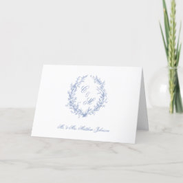 Dusty Blue Monogram Botanische Krans Trouwen Bedankkaart