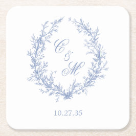 Dusty Blue Monogram Botanische Krans Trouwen Kartonnen Onderzetters
