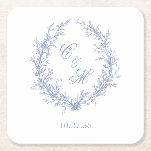 Dusty Blue Monogram Botanische Krans Trouwen Kartonnen Onderzetters (Voorkant)