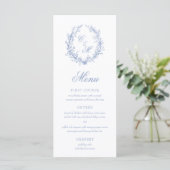 Dusty Blue Monogram Botanische Krans Trouwen Menu (Staand voorkant)