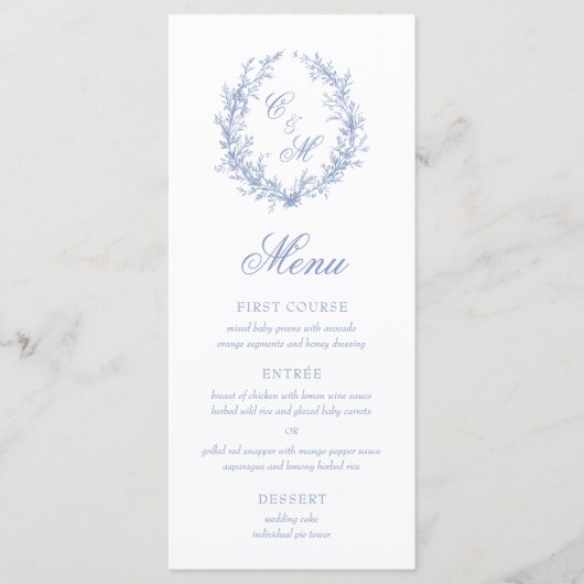 Dusty Blue Monogram Botanische Krans Trouwen Menu (Voorkant)