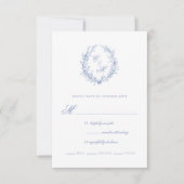 Dusty Blue Monogram Botanische Krans Trouwen RSVP Kaartje (Voorkant)