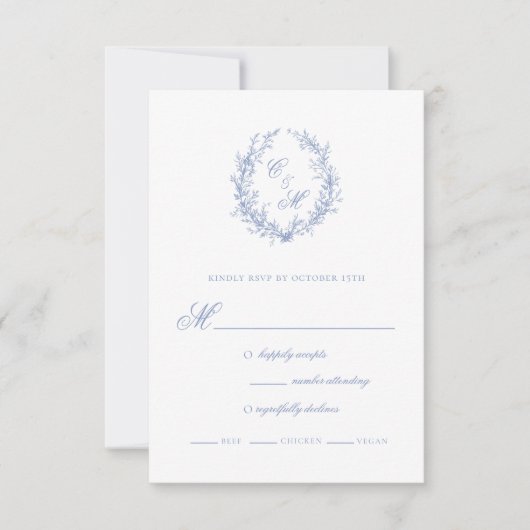 Dusty Blue Monogram Botanische Krans Trouwen RSVP Kaartje (Voorkant)