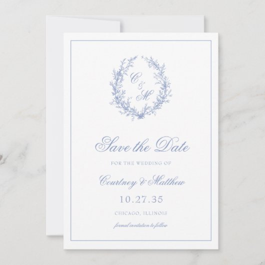 Dusty Blue Monogram Botanische Krans Trouwen Save The Date (Voorkant)