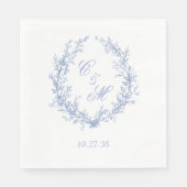 Dusty Blue Monogram Botanische Krans Trouwen Servet (Voorkant)