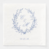Dusty Blue Monogram Botanische Krans Trouwen Servet (Voorkant)