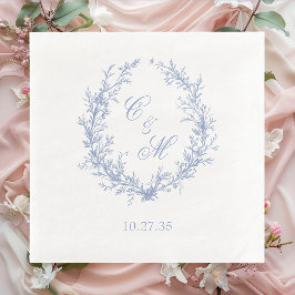 Dusty Blue Monogram Botanische Krans Trouwen Servet