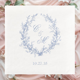 Dusty Blue Monogram Botanische Krans Trouwen Servet