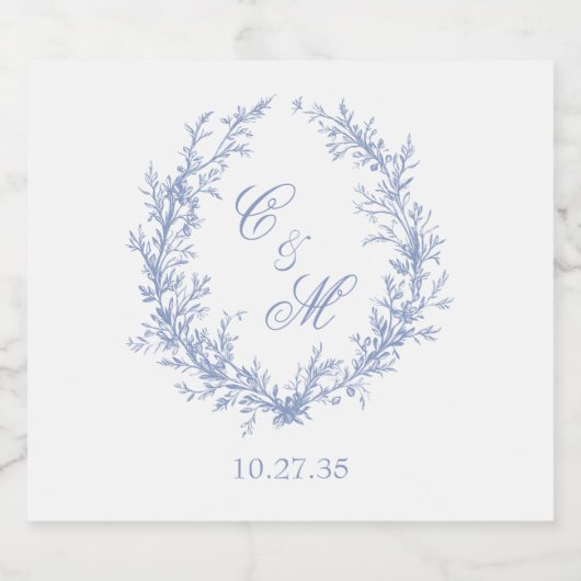 Dusty Blue Monogram Botanische Krans Trouwen Sparkling Wijnetiket (Enkel label)