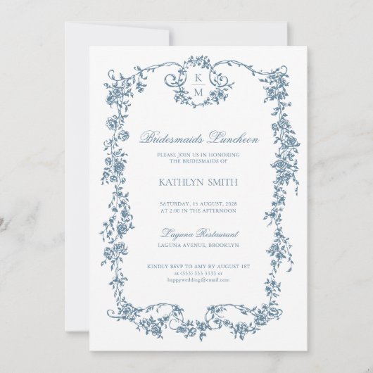 Dusty Blue Monogram Bruidsmeisjes Luncheon Kaart (Voorkant)