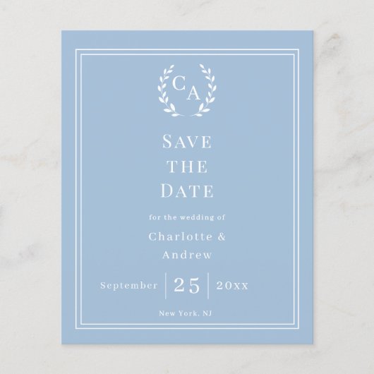 Dusty blue monogram budget wedding Save the Date Flyer (Voorkant)