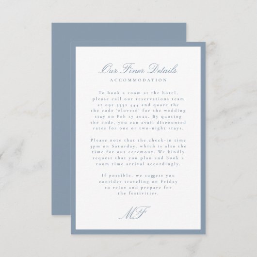 Dusty Blue Monogram Classic Wedding Details Info Informatiekaartje (Voorkant / Achterkant)