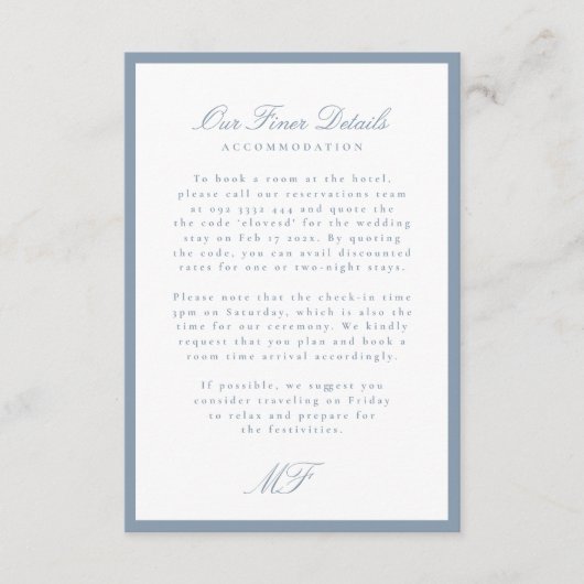 Dusty Blue Monogram Classic Wedding Details Info Informatiekaartje (Voorkant)