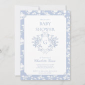 Dusty Blue Monogram Crest Baby shower Invitation Kaart (Voorkant)