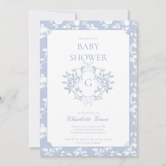 Dusty Blue Monogram Crest Baby shower Invitation Kaart (Voorkant)