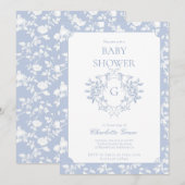 Dusty Blue Monogram Crest Baby shower Invitation Kaart (Voorkant / Achterkant)