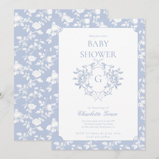 Dusty Blue Monogram Crest Baby shower Invitation Kaart (Voorkant / Achterkant)