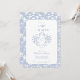 Dusty Blue Monogram Crest Baby shower Invitation Kaart