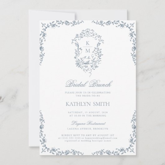 Dusty Blue Monogram  Crest Bridal Brunch Kaart (Voorkant)