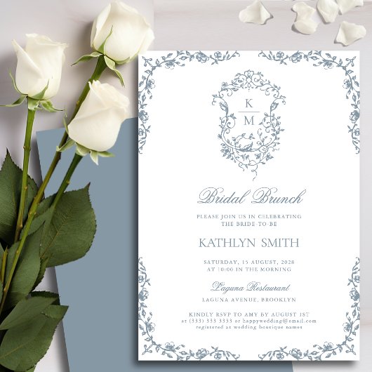 Dusty Blue Monogram  Crest Bridal Brunch Kaart