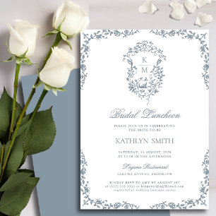 Dusty Blue Monogram Crest Bridal Luncheon Kaart