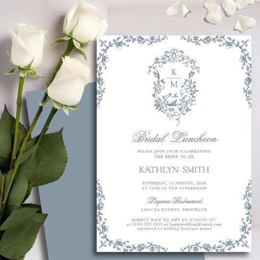 Dusty Blue Monogram  Crest Bridal Luncheon Kaart