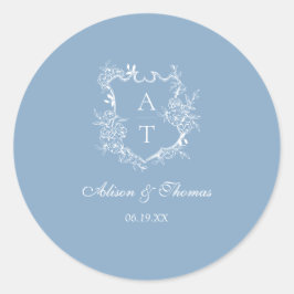 Dusty Blue Monogram Crest Bruiloft Envelop Seal Ronde Sticker