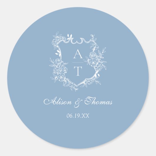 Dusty Blue Monogram Crest Bruiloft Envelop Seal Ronde Sticker (Voorkant)