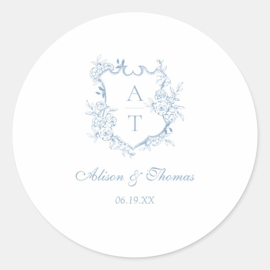 Dusty Blue Monogram Crest Bruiloft Envelop Seal Ronde Sticker (Voorkant)