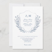 Dusty Blue Monogram Crest bruiloft uitnodiging (Voorkant)