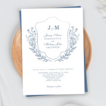 Dusty Blue Monogram Crest bruiloft uitnodiging