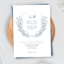 Dusty Blue Monogram Crest bruiloft uitnodiging