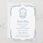 Dusty Blue Monogram Crest Couples Douche Kaart (Voorkant)