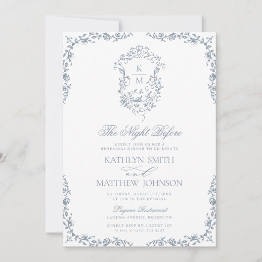 Dusty Blue Monogram  Crest de avond ervoor Kaart (Voorkant)