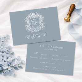 Dusty Blue Monogram Crest Elegant Wedding RSVP Kaartje