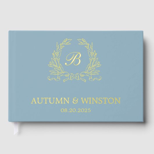 Dusty Blue Monogram Crest Gastenboek (Voorkant)