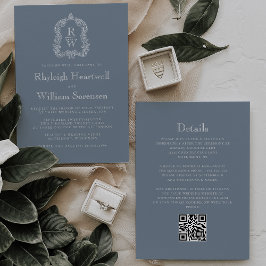 Dusty Blue Monogram Crest QR Code Wedding Kaart